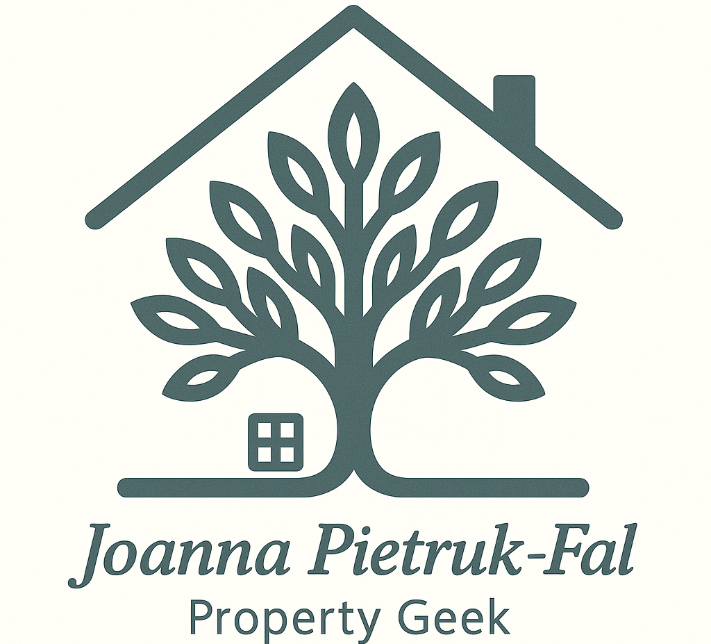 Logo firmy Property Geek z nazwiskiem Joanna Pietruk-Fal, drzewo w domu.