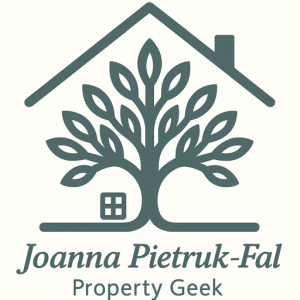 Logo firmy Joanna Pietruk-Fal Property Geek z drzewem i domem